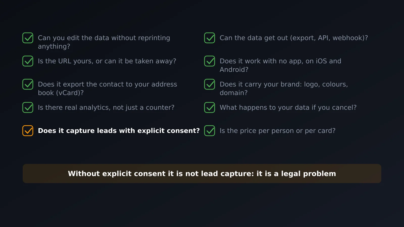 Checklist of ten criteria for comparing digital business cards