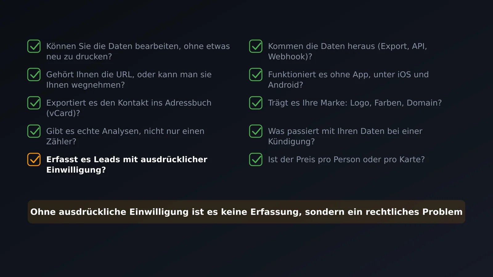 Checkliste mit zehn Kriterien zum Vergleich digitaler Visitenkarten